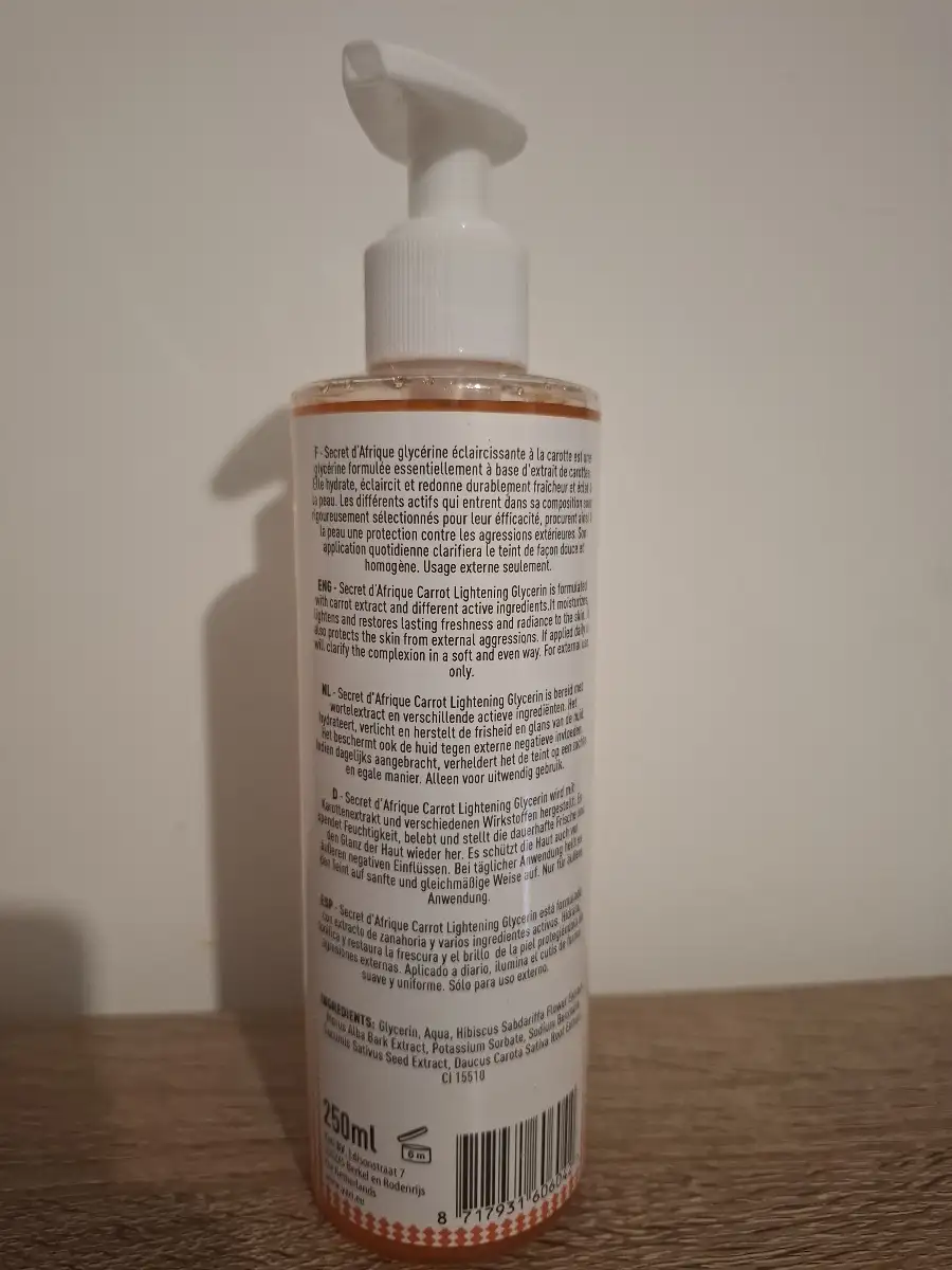 Glycérine végétale à la Carotte, Éclaircissante - Secret d'Afrique 250 ml